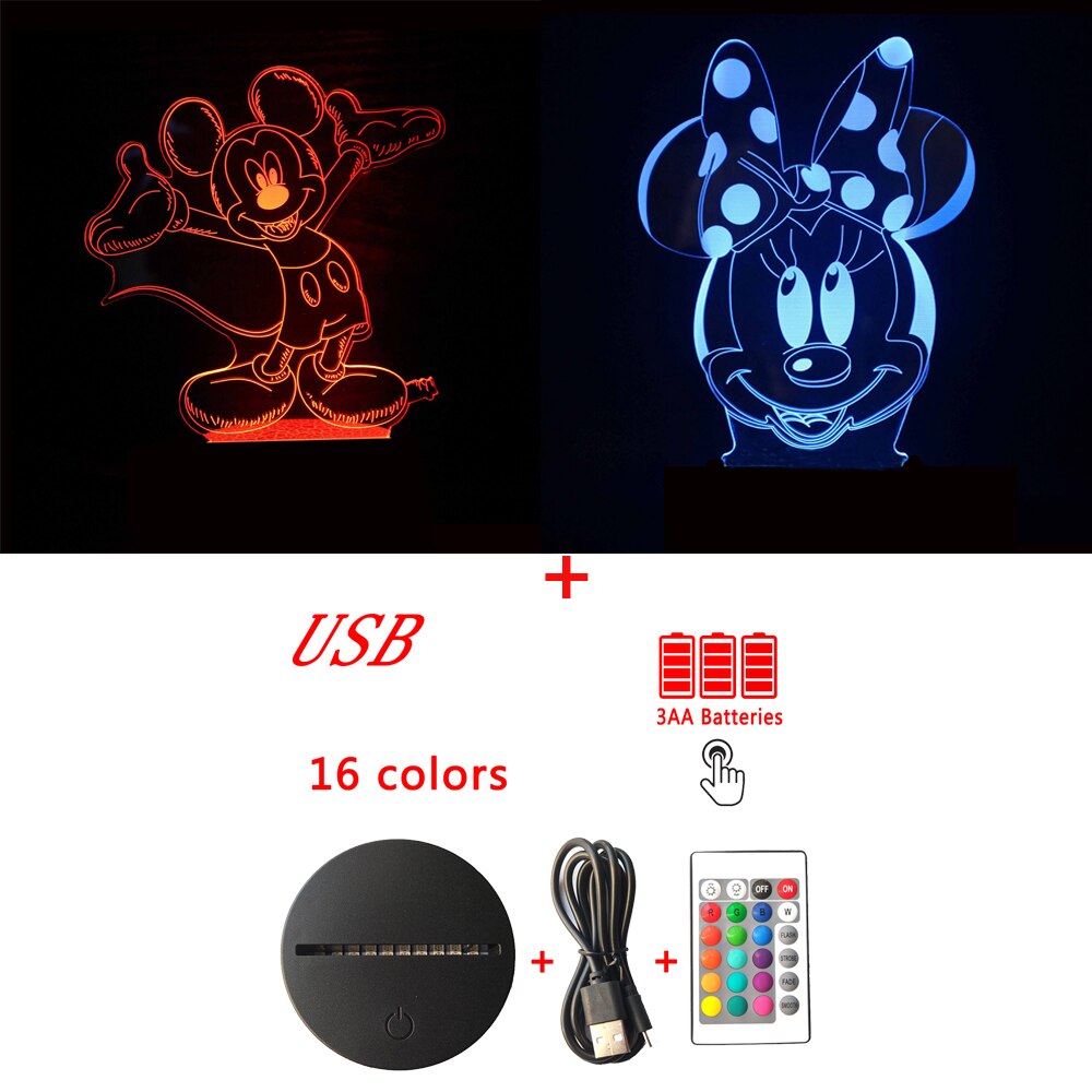 디즈니 미키 마우스 3D LED 아크릴 밤 빛 원격 제어 스마트 터치 16 색 Dimmable USB 침실 장식 수면 라이트
